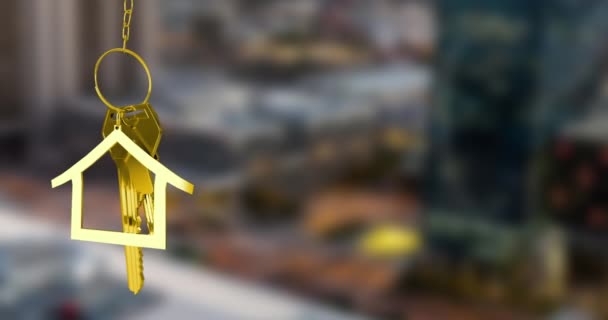 Animation Golden Key House Cityscape Moving House Business Concept Digitally — Vídeo de stock