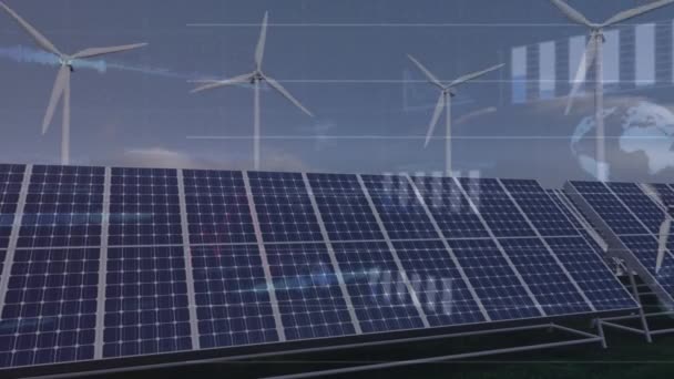 Animation Statistical Data Processing Spinning Windmills Solar Panels Renewable Energy — Vídeo de Stock