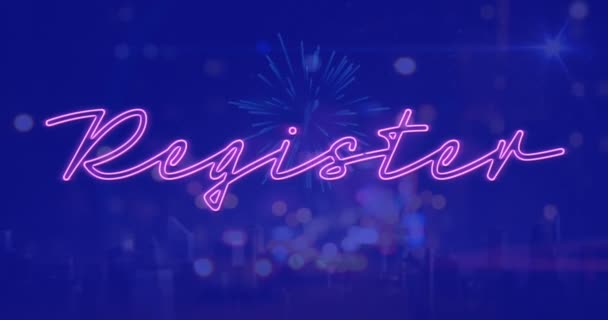 Animation Register Neon Text Banner Fireworks Text Banner Night City — Wideo stockowe
