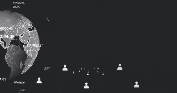 Animation Profile Icons Moving Changing Numbers Globe Rotating Black Background — Stockvideo