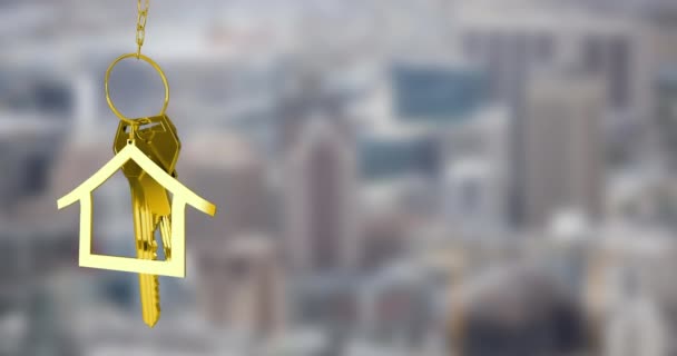 Animation Golden Key House Cityscape Moving House Business Concept Digitally — Stock Video