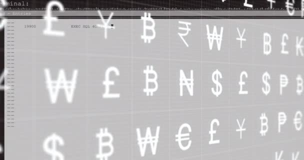 Animation Multiple Currency Symbols Moving Programming Language Screen Digitally Generated — Vídeo de Stock