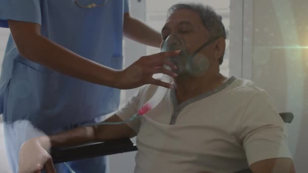 Animation Light Trails Smoke Diverse Doctor Patient Using Oxygen Mask — Video