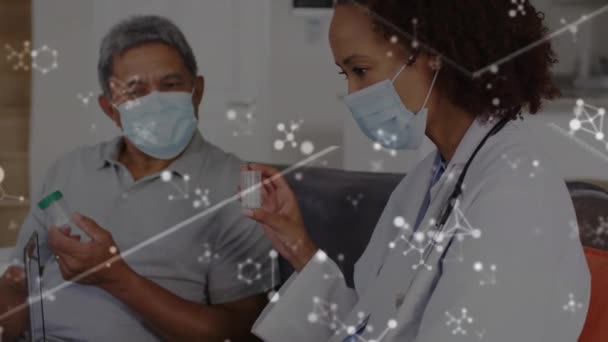 Animation Molecules Diverse Doctor Patient Talking Holding Medicines Medicine Healthcare — Stock Video