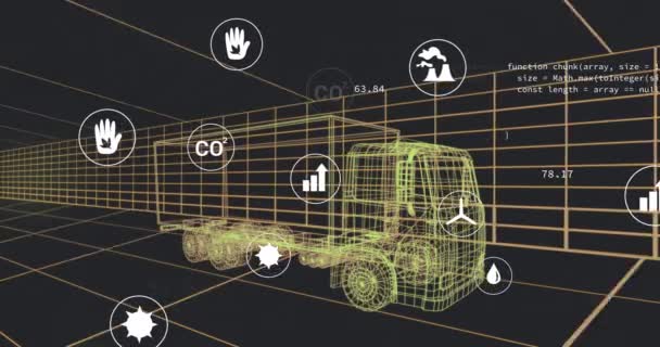 Animație Interfață Digitală Auto Icoane Eco Peste Modelul Mașinii Inginerie — Videoclip de stoc