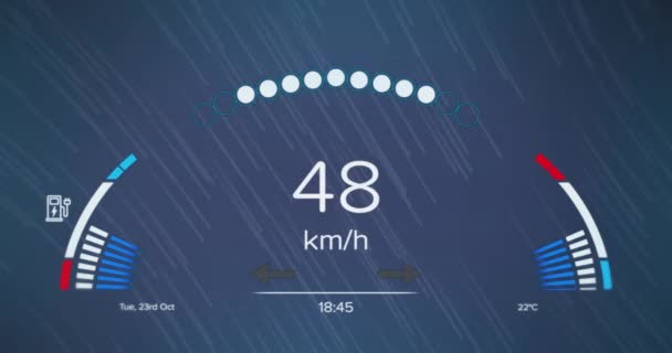 Digital Animation Speedometer Light Trails Falling Blue Background Automobile Engineering — Vídeo de Stock
