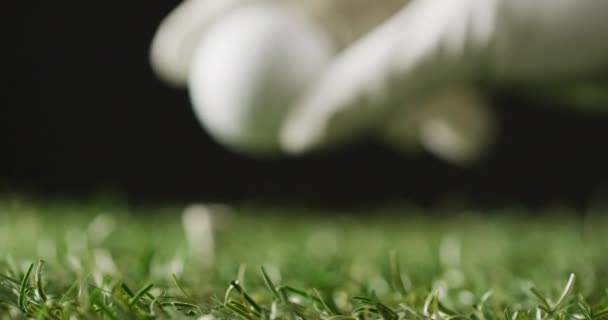 Close Hand Glove Holding Golf Ball Grass Black Background Copy — Vídeos de Stock