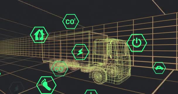 Animație Interfață Digitală Auto Icoane Eco Peste Modelul Mașinii Inginerie — Videoclip de stoc