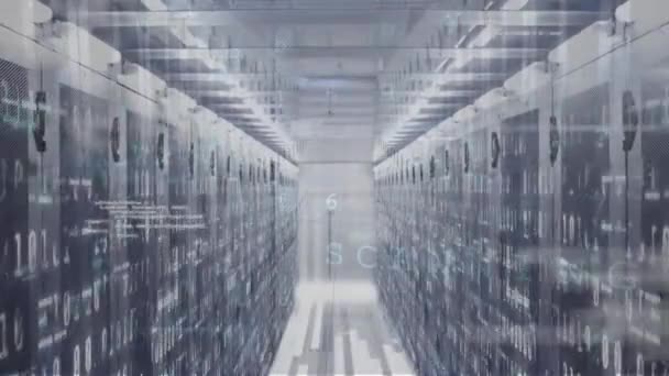 Animation Multiple Texts Numbers Symbols Computer Language Data Server Racks — Vídeo de Stock