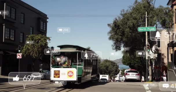 Animation Notification Icons Counters Vehicles Moving Street City Digital Composite — Stockvideo