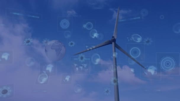 Animation Data Processing Scope Scanning Globe Wind Turbine Global Connections — Stockvideo