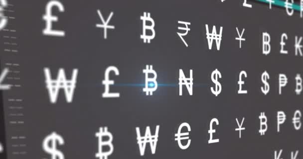 Animation Multiple Currency Symbols Moving Lens Flare Computer Language Screen — Stock Video