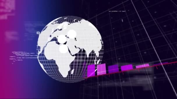 Animation Globe Financial Data Processing Black Background Global Business Finances — 图库视频影像