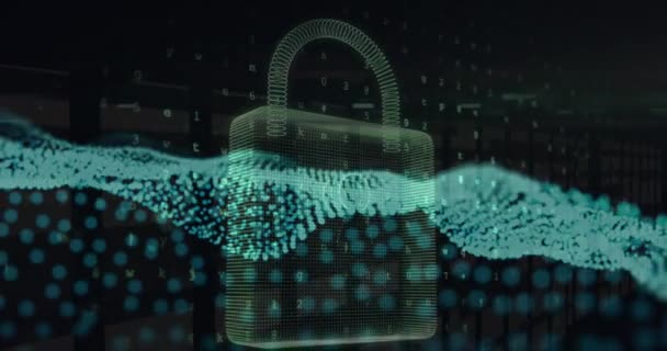 Animation Blue Digital Wave Security Padlock Icon Grey Background Cyber — Wideo stockowe