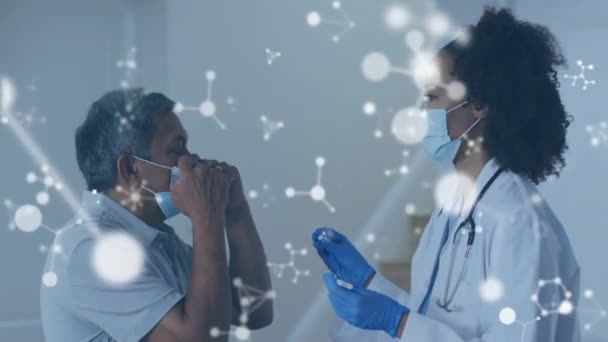 Animation Molecules Diverse Doctor Patient Taking Swab Test Medicine Healthcare — Vídeo de stock