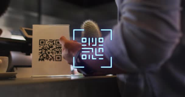Animation Code Biracial Man Paying Cafe Smartwatch Global Business Digital — Vídeo de Stock