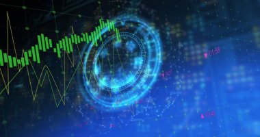 Kapsam taraması ve veri işleme bileşimi. Dijital olarak oluşturulmuş küresel bağlantılar, hesaplama ve veri işleme kavramı.