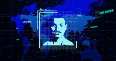 Image of financial data over world map and user photos on black background. business, finance, technology and digital interface concept digitally generated image.