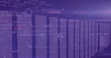 Composition of data processing over columns on purple background. Global technology, computing and digital interface concept digitally generated image.