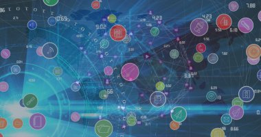 Composite of digital data processing with network of connections with icons. Global networks, business, finances, computing and data processing concept digitally generated image.