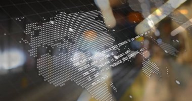 Composition of data processing over world map and cityscape. Global networks, computing and data processing concept digitally generated image.