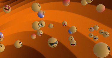 Image of emoji icons over pattern background. Social media, communication, colour, pattern and abstract concept digitally generated image.