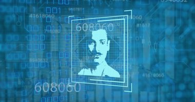 Composition of data processing with man portrait over shapes. Global technology, computing and digital interface concept digitally generated image.