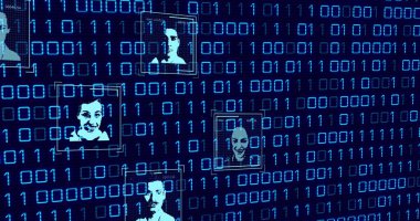 Composition of data processing over people portraits on black background. Global technology, computing and digital interface concept digitally generated image.