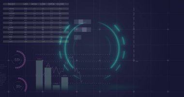 Image of circle over digital screen with financial graphs and data. Global finance, economy and technology concept digitally generated image.