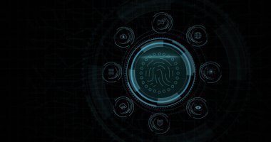Composition of online security biometric fingerprint icon on black background. Global online security, computing and data processing concept digitally generated image.