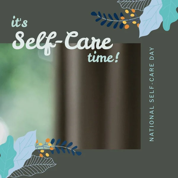 Composition of it\'s self-care time text and copy space over pattern and brown background. National self-care day and mental health awareness concept digitally generated image.