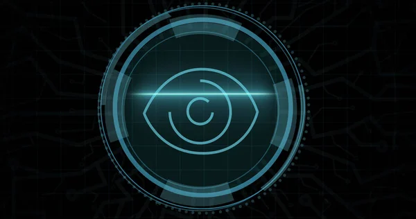 Composition of online security eye icon on black background. Global online security, computing and data processing concept digitally generated image.