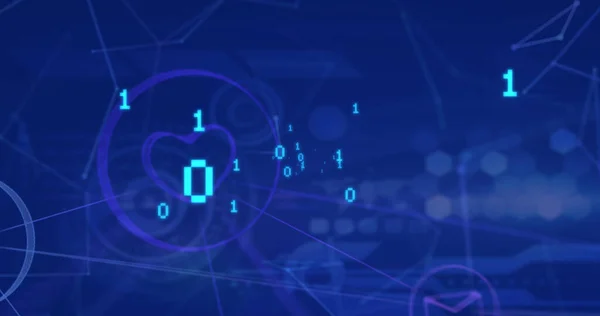 Image of binary coding, data processing and scopes on blue background. Global data processing and digital interface concept digitally generated image.