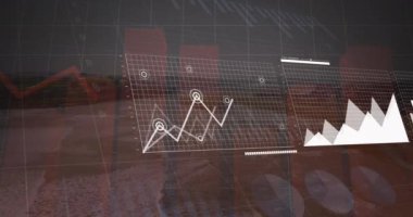 Animation of financial data processing over cityscape. Global business, finances, computing and data processing concept digitally generated video.