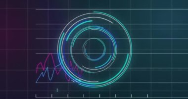 Animation of neon round scanner and statistical data processing against blue gradient background. Computer interface and business data technology concept