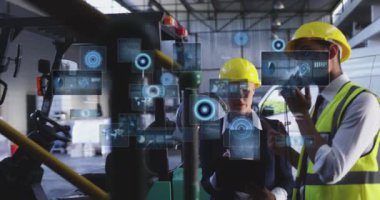 Animation of data processing with scope scanning over diverse workers in warehouse. Global connections, computing and digital interface concept digitally generated video.