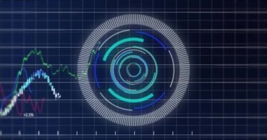 Animation of scope scanning and data processing over blue background. Global business and digital interface concept digitally generated video.