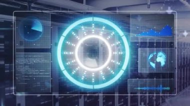 Animation of data processing with scope scanning over server room. Global connections, computing and digital interface concept digitally generated video.