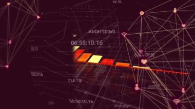 Animation of connections with icons and financial data processing on black background. Global business, finances and digital interface concept digitally generated video.