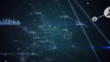 Animation of network of profile icons and data processing against light trails on blue background. Global networking and business technology concept