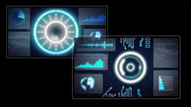 Animation of data processing with scope scanning on black background. Global connections, computing and digital interface concept digitally generated video.