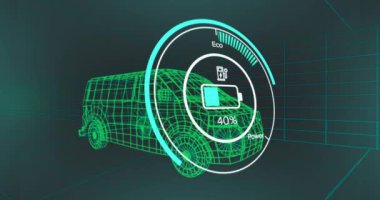 Animation of digital car interface and data processing over 3d model of car. Global engineering, digital interface, business, computing and data processing concept digitally generated video.