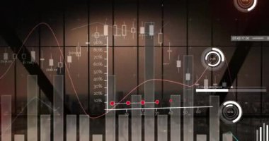 Animation of financial data processing over cityscape. Global business, finances, computing and data processing concept digitally generated video.