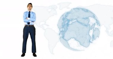 Animation of caucasian businessman and globe over world map. Global business and digital interface concept digitally generated video.