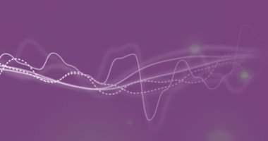 Animation of digital waves moving against green spots of light on purple background. Business data technology concept