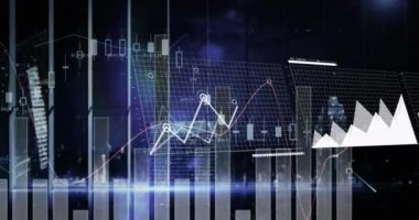 Animation of financial data processing over cityscape. Global business, finances, computing and data processing concept digitally generated video.