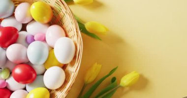 Basket with colorful easter eggs and tulips on yellow background with copy space. Easter, tradition and celebration concept.