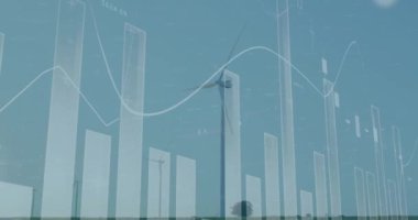 Animation of statistical data processing against spinning windmills against blue sky. Renewable energy and business data technology concept