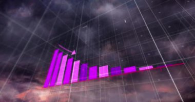 Animation of statistical data processing over grid network against thunder and dark clouds. Business data technology concept