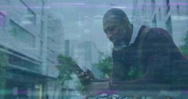 Animation of stock market data processing against african american man using smartphone on street. Global economy and business interface technology concept